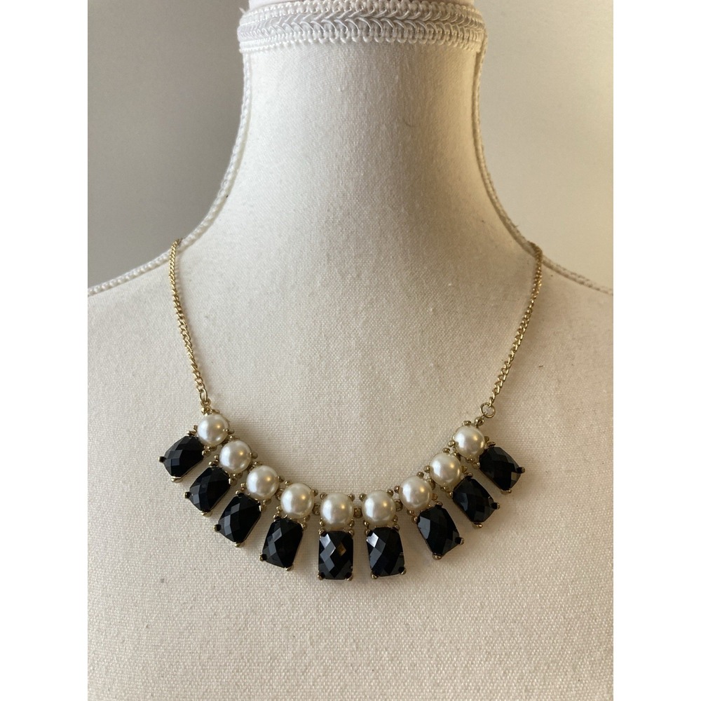 Gold Tone‎ Faux Pearl Black Bib Necklace Statement Collar Bold Glam Couture